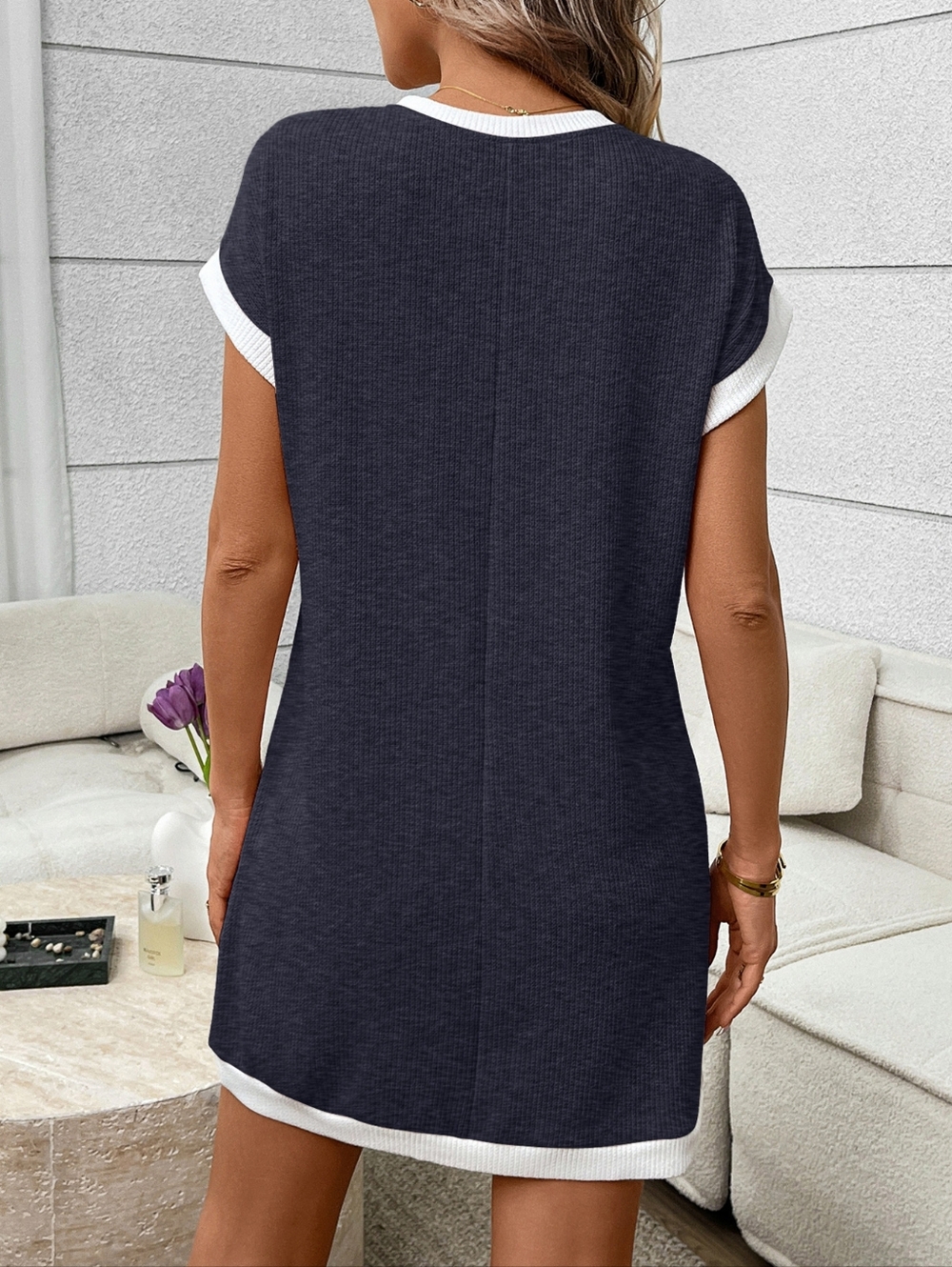 Simple Charm Ribbed Pocket Dress - Navy - Picture 5 of 6